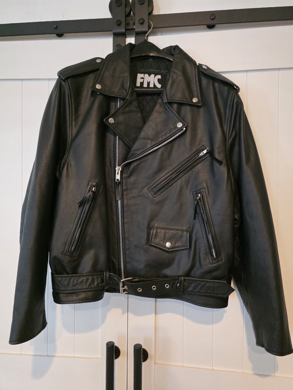 Vintage FMC Leather Jacket Mens 50 Motorcycle Biker Belted Quilted Lined 90s